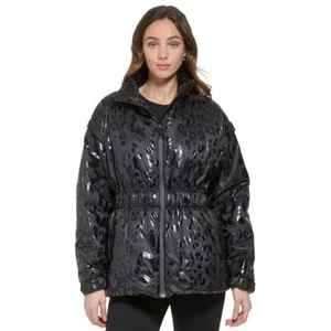 DKNY Puffer Jacket Womens Large Black Animal Print Full Zip Lightweight Outdoor - Picture 1 of 8