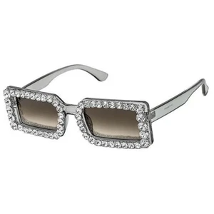 Look at Me Now Slim Rectangular Sunglasses w/ Rhinestones on Black Frames & Lens - Picture 1 of 1