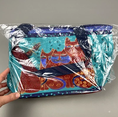 Laurel Burch Canvas Cats with Dragonfly Large Shoulder Tote 14" Gatos Felines - Image 1 of 4