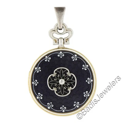 Antiguo Medallón Colgante Floral Trabajo Esmalte Púrpura Diamante Oro 14k Foto 1 de 4