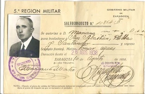 SALVOCONDUCTO. GUERRA CIVIL. ZARAGOZA. SAN SEBASTIAN. SANTANDER. 1938 - Imagen 1 de 2