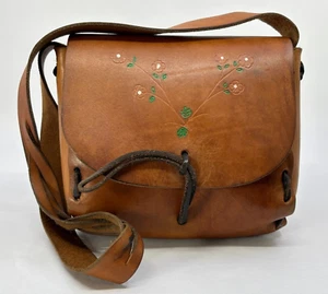 Vintage 1970s Hand Tooled Leather Purse Shoulder Bag Floral Boho Hippie - Picture 1 of 14