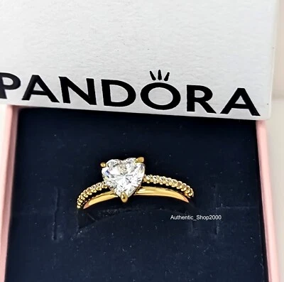 NEW 100% Authentic PANDORA Gold Tone Sparkle Double Band Heart Ring 163100C01 - Image 1 of 4
