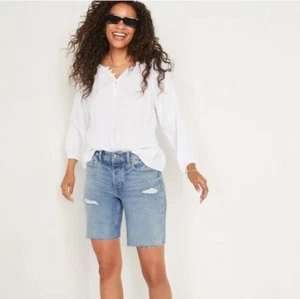 OLD NAVY Shorts High Rise OG Straight Cut Off Denim Distressed sz 12 Light Wash - Picture 1 of 14