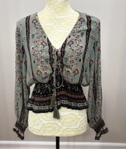 Angie Floral Boho Plunge Neck Medium Top Olive Green Floral Cottagecore Smocked - Imagen 1 de 11