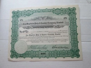 (1) FEB. 5 1925  CAP MAGDALEN PULP & LUMBER COMPANY STOCK CERTIFICATE, QUEBEC - Picture 1 of 2