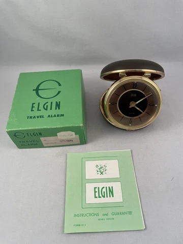 Vintage Elgin Travel Alarm Clock Round Case w/ Instructions & Box FOR PARTS Cover