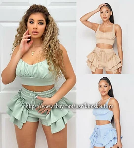 Women Sexy Ruffles And Frills Crop Top and Shorts Matching Set Party Casual Wear - Picture 1 of 13