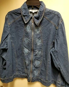 Women's Blue Denim Jacket Size Xl Heart Rhinestones Cathy Daniels Zip Up Wc34 - Picture 1 of 5
