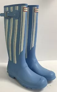 Hunter Original Garden Stripe Short Rain Boots, Blue/White, Women's 10 Vgc - Picture 1 of 6