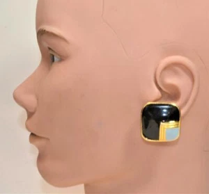 Vintage 1987 Gestempelt Mimi Di N Goldfarbig Schwarzgrau Emaille Quadrat Clip-On - Bild 1 von 2