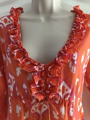 Mudpie Women’s Swim Coverup~Small~Ruffle V-Neck~Orange/Pink~Drawstring Waist - Image 1 of 4