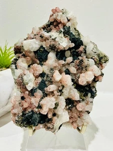 Rosa Heulandit mit Stilbit, Apophyllit & Chalzedon auf Basaltmatrix - Bild 1 von 11