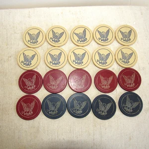 VIntage Lot of 20 Poker Chips 1930's Clay Eagle/Arrows Saloon Old West RW&B - Picture 1 of 3