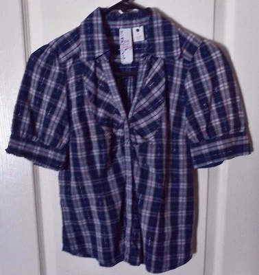 Girl Krazy S/S V-Neck Button Front Plaid Shirt -S - Image 1 of 4