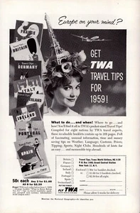 TWA Airlines Travel Tips Lady with Eiffel Tower Hat Europe Vintage Print Ad 1959 - Picture 1 of 4