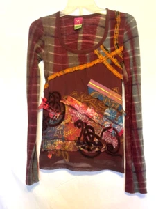 ‘Save The Queen’ Rare Vintage Mesh Multicolored Print Long Sleeve Blouse ~Size S - Picture 1 of 9