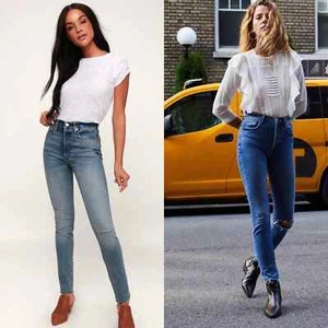 NWOT Free People Stella Vintage Blue Wash Raw Hem High Rise Skinny Jeans Size 25 - Picture 1 of 12
