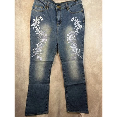 Pantalones de mezclilla florales adornados con estrás DG2 by Diane Gilman talla 12 nuevos con etiquetas Foto 1 de 4