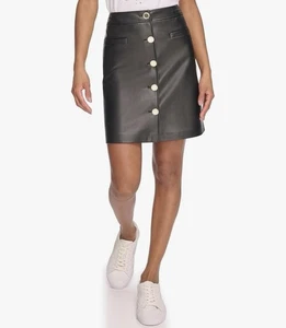 Karl Lagerfeld Paris Black Faux-Leather Snap-Front Skirt, Size 6 - Picture 1 of 3
