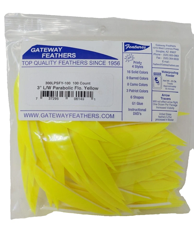 100 Pack Gateway Feathers 3" Left Wing: Parabolic Flo Yellow 300LPSFY-100 - Image 1 of 3