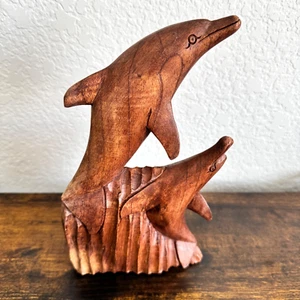 VTG Wooden Hand Carved Dolphin Figurine Mother Baby Statue Ocean Beach Decor - Picture 1 of 10
