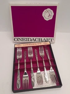 Oneidacraft Stainless Forks Leaves Set/6 New Old Stock In Box - Picture 1 of 3