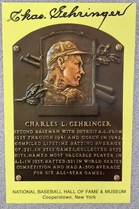 Charlie Gehringer Signed Gold HOF Plaque Postcard Yellow Tigers Autograph JSA - Picture 1 of 2