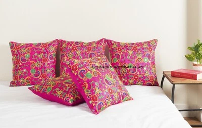 16" DUPIONI SILK EMBROIDERED PAISLEY PILLOW Indian CUSHION COVER Throw Decor Foto 1 de 3