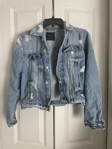 ZARA Womens Trafaluc Distressed Blue Denim Jean Jacket Edgy Grunge Y2K Urban S - Picture 1 of 6