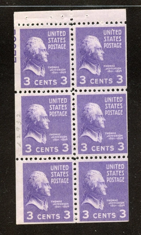 US Scott 807a Booklet pane of 6 with Partial  plate number MNH - Image 1 of 1