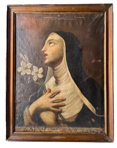 18th Antique Religious - Oil Canvas Painting - Nun with Lily - Picture 1 of 24