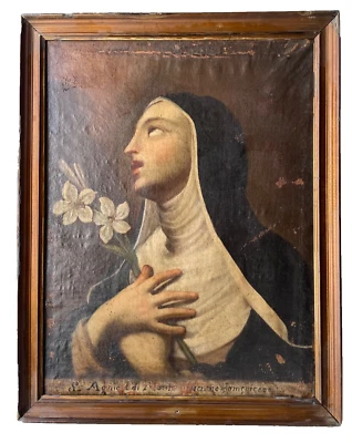 Antiguo religioso 18 - Pintura al óleo - Monja con lirio Foto 1 de 4