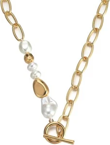 Women Baroque Pearl Choker Paperclip Link Chain Necklace with Toggle Clasp Girls - Picture 1 of 5