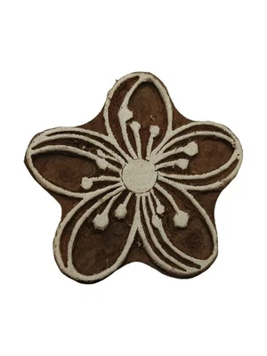 Floral Flower Wooden Stamp 4.8 x 5cm Indian Hand Carved Printing Block - Image 1 of 3