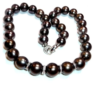 Collana perle di Tahiti oro bianco 750 1,92 ct diamanti 46,5 cm 110 g oro rondelle - Foto 1 di 11