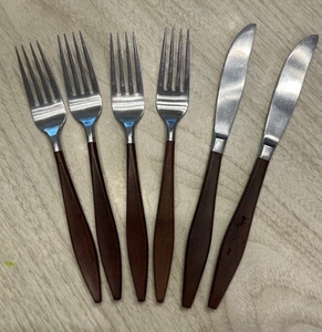 MCM EKCO Eterna PRIDE Forged Stainless Steel Wood Handle Forks Knives 6 Pieces - Picture 1 of 8