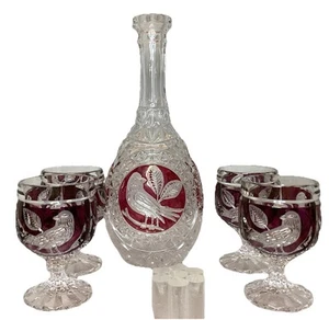 Hofbauer Cordial/ Wine Decanter & 4 Glasses, Ruby Red Birds Germany Lead Crystal - Picture 1 of 6