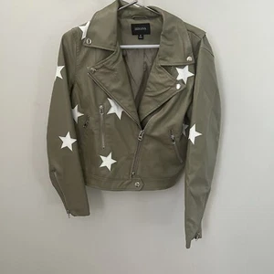Zenana Rare Vegan Green Leather Moto Jacket With White Stars Womens Size Medium - Picture 1 of 8