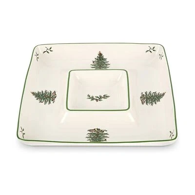 Spode 12" Square Porcelain Chip & Dip - Christmas Porcelain Tree Serving Platter