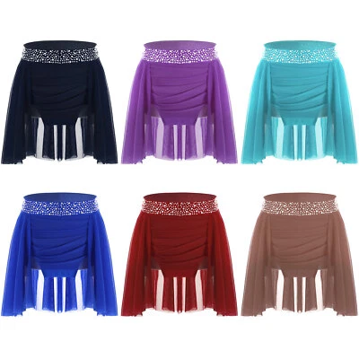 Kids Girls Skirt Elastic Waistband Asymmetric Figure Ice Skating Ballet Rumba - Image 1 of 3