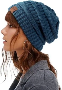 Womens Satin Lined Winter Beanie Hats Cable Knit for One Size, Blue - Picture 1 of 6