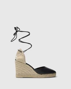 Castañer Carina Suede Ankle Tie Espadrille Wedge Heel Wrap Strap Sandals Black 8 - Picture 1 of 10