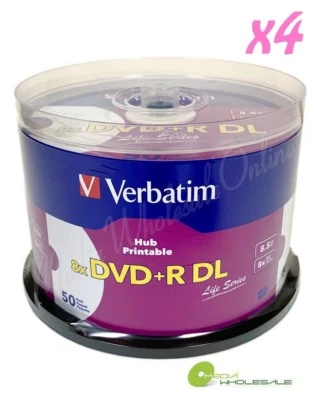 200 VERBATIM 8X Blank DVD+R DL Double Layer 8.5GB White Inkjet Printable 4x50pk - Image 1 of 3