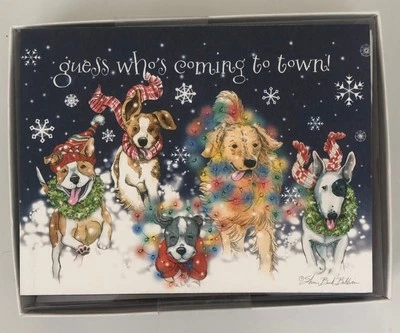 12 CHRISTMAS Leanin Tree Cards Box Set, DOGS RUNNING IN SNOW DRESSED CHRITMASSY - Image 1 of 2