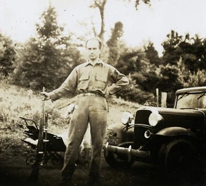 hunter w shot gun, rifle, old car, pram, unusual, Vintage fine art Photograph, - Picture 1 of 5