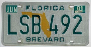Vintage Florida 1981 Orange Map Graphic License Plate LSB 492 Brevard County - Picture 1 of 1