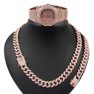 hip hop icedcut Miami Cuban Set Necklace Bracelet watch rose gold - Picture 1 of 5
