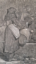 Superbe grand dessin XIX original fusain réhaussé à la craie femme à la fontaine