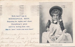 MINNEAPOLIS MN �� Drei von einem Kind Mädchen mit 3 Kaninchen Gruß Postkarte - udb - Bild 1 von 2